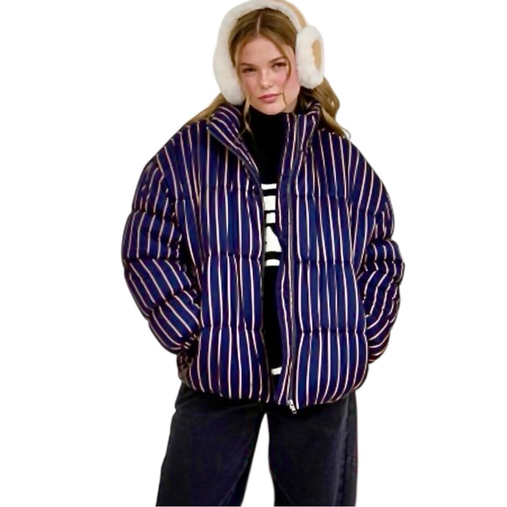 J.O.A. Blue and Gold Striped Puffer Jacket